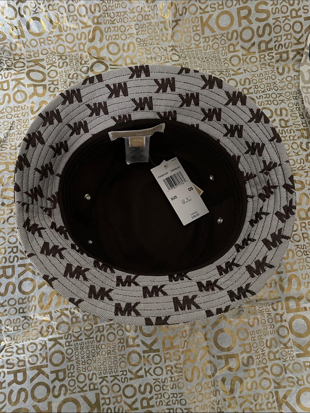 Michael Kors White Bucket Hat with Brown MK Logo Print - Picture 2 of 4